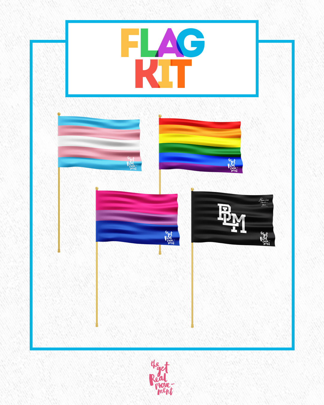 Digital poster of an open box with the four flags. The title of the poster is at the top centre "Flag Kit".